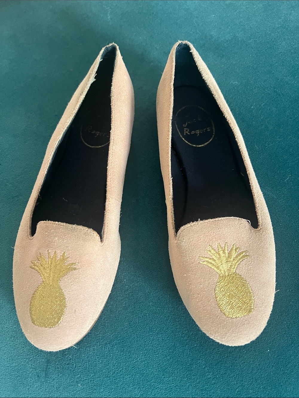 Jack Rogers Pink Suede Loafers Shoes with Gold Pineapple Embroidery 6.5